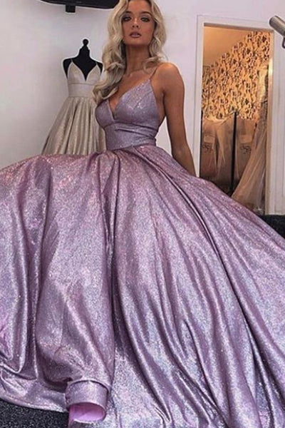 MACloth Spaghetti Straps V Neck Long Prom Dress Mocha Silver Formal Evening Gown