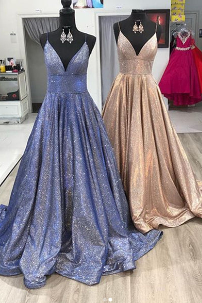 MACloth Spaghetti Straps V Neck Long Prom Dress Mocha Silver Formal Evening Gown