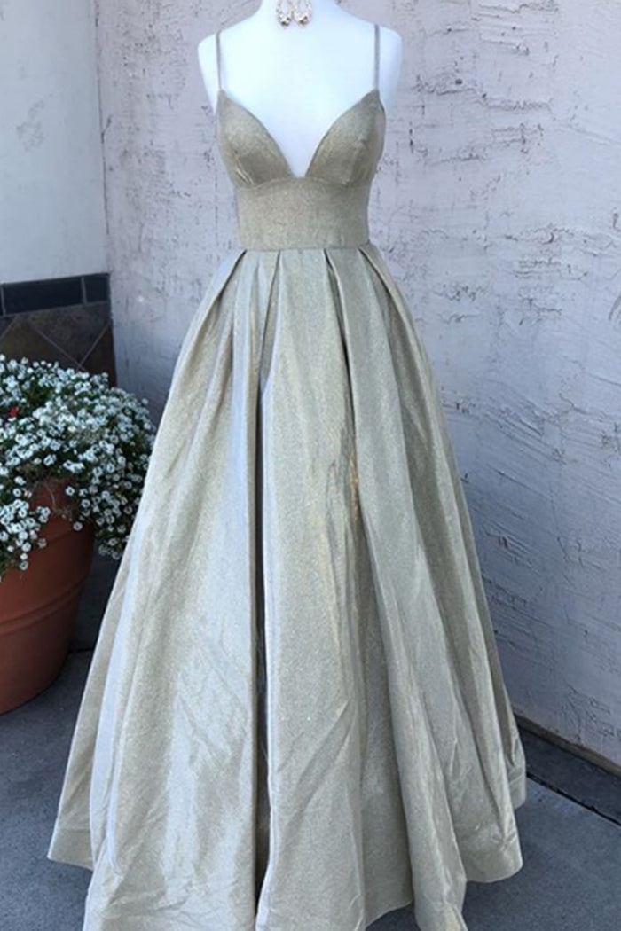 Vestido de fiesta largo con tirantes finos y escote en V de MACloth, vestido de noche formal color moca plateado