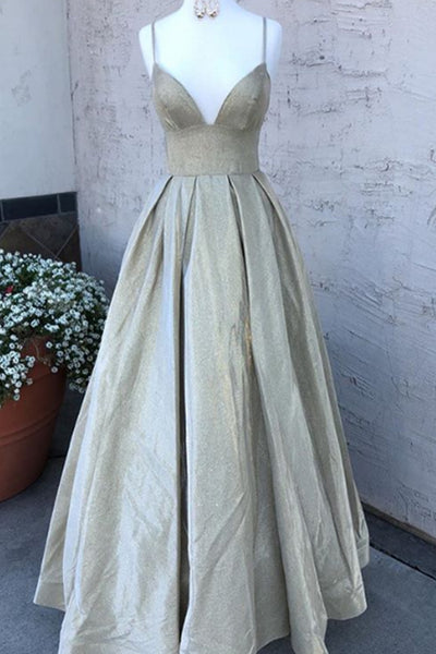 MACloth Spaghetti Straps V Neck Long Prom Dress Mocha Silver Formal Evening Gown