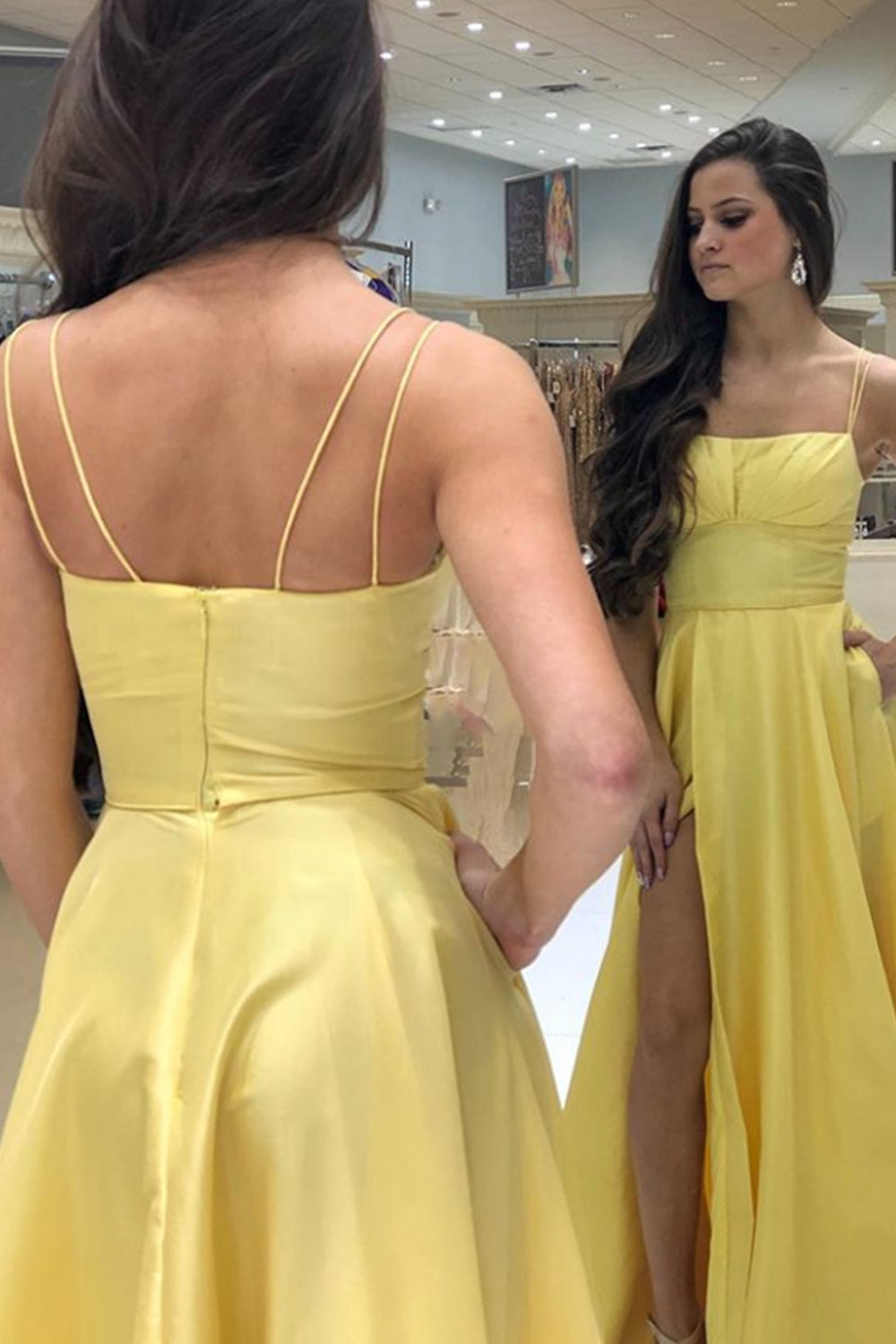 Vestido de fiesta largo con tirantes finos de MACloth, vestido de noche formal amarillo con abertura