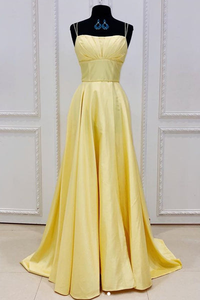 MACloth Spaghetti Straps Long Prom Dress Yellow Formal Evening Gown with Slit