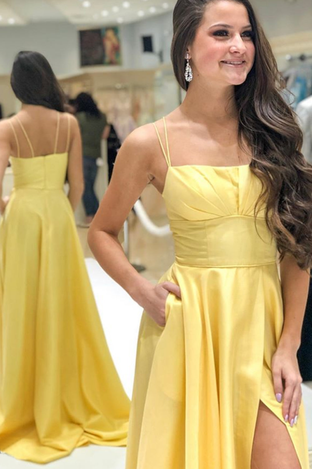 Vestido de fiesta largo con tirantes finos de MACloth, vestido de noche formal amarillo con abertura