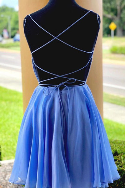 MACloth Spaghetti Straps Beaded Mini Prom Homecoming Dress Sky Blue Cocktail Dress