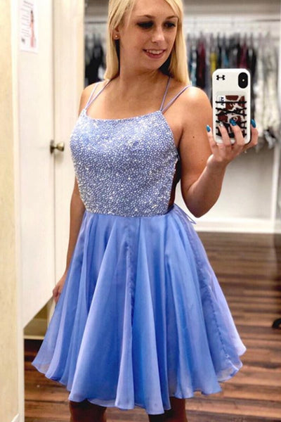 MACloth Spaghetti Straps Beaded Mini Prom Homecoming Dress Sky Blue Cocktail Dress