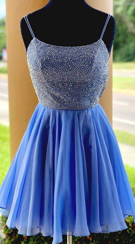 MACloth Spaghetti Straps Beaded Mini Prom Homecoming Dress Sky Blue Cocktail Dress