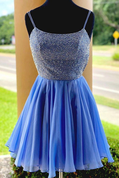 MACloth Spaghetti Straps Beaded Mini Prom Homecoming Dress Sky Blue Cocktail Dress