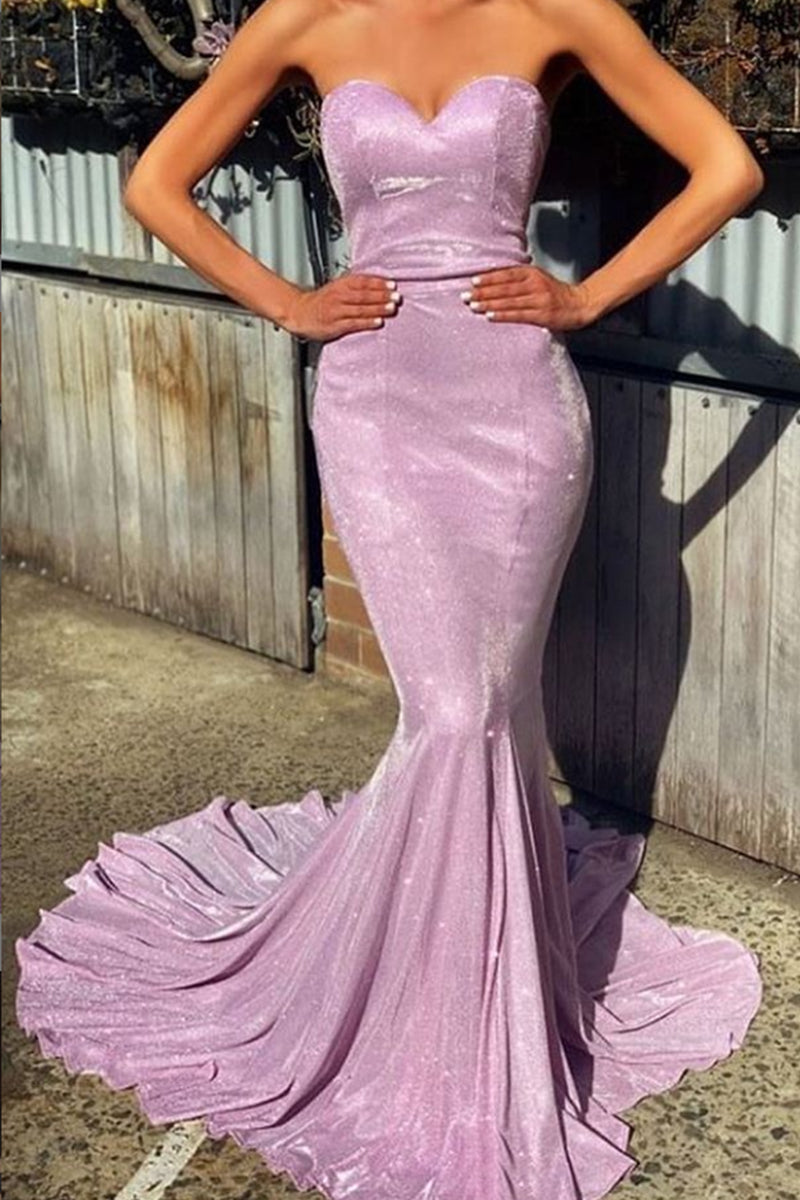 MACloth Mermaid Strapless Sweetheart Long Prom Dress Fuchsia Silver Formal Evening Gown Mocha Silver / Tea Length / US12