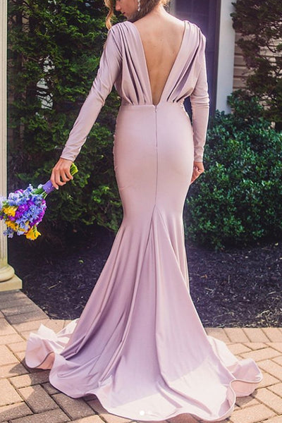 MACloth Mermaid Long Sleeves V Neck Maxi Formal Evening Gown Jersey Mother of the Brides Dress