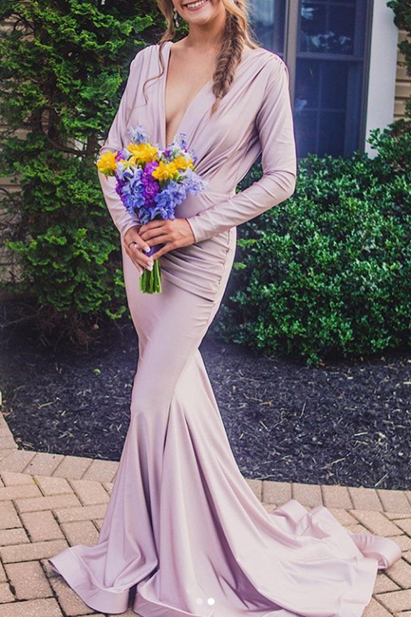 MACloth Meerjungfrau Lange Ärmel V-Ausschnitt Maxi Abendkleid Jersey Kleid für die Mutter der Braut