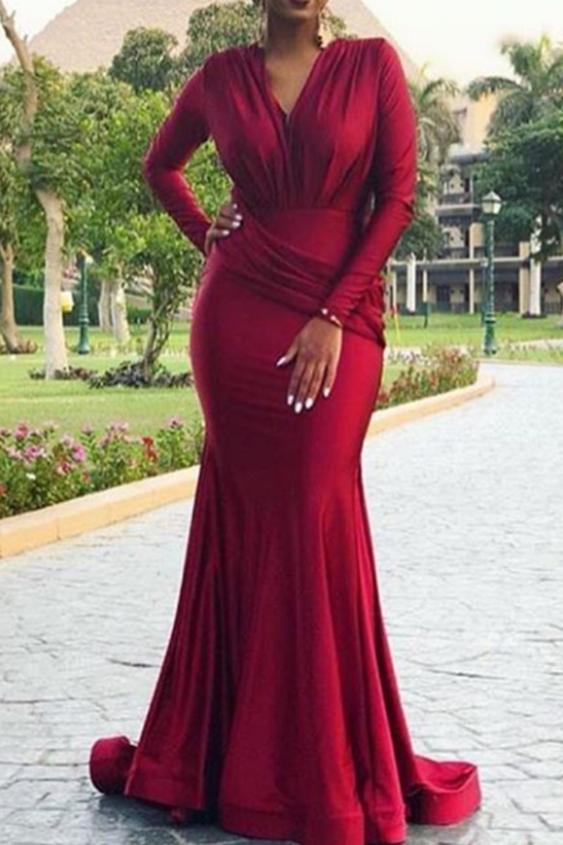 MACloth Meerjungfrau Lange Ärmel V-Ausschnitt Maxi Abendkleid Jersey Kleid für die Mutter der Braut