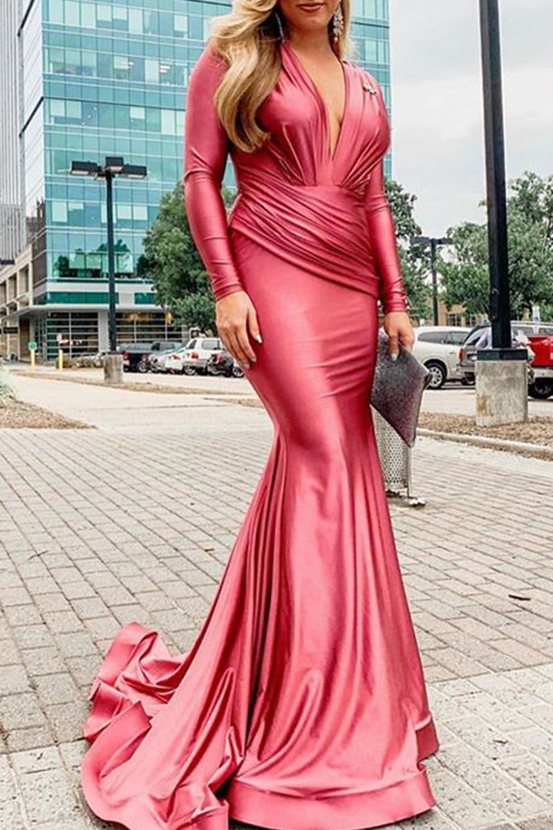 MACloth Meerjungfrau Lange Ärmel V-Ausschnitt Maxi Abendkleid Jersey Kleid für die Mutter der Braut