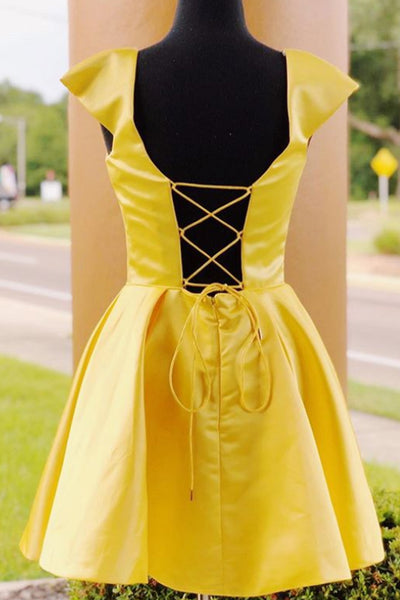 MACloth Cap Sleeves Satin Mini Prom Homecoming Dress Yellow Cocktail Party Dress