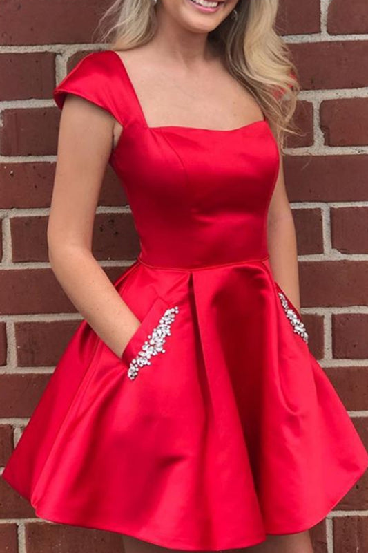 MACloth Cap Sleeves Satin Mini Prom Homecoming Dress Yellow Cocktail Party Dress