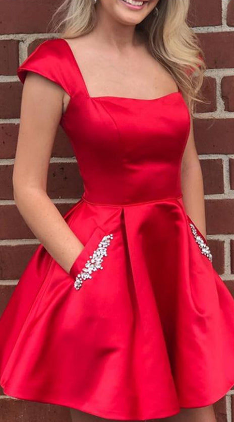MACloth Cap Sleeves Satin Mini Prom Homecoming Dress Yellow Cocktail Party Dress