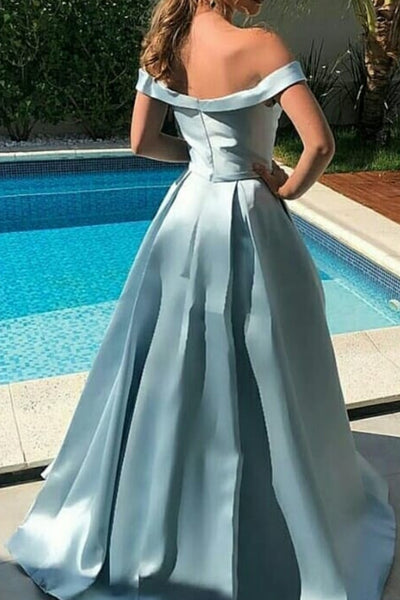 MACloth Off the Shoulder Maxi Prom Dress Sky Blue Formal Evening Gown