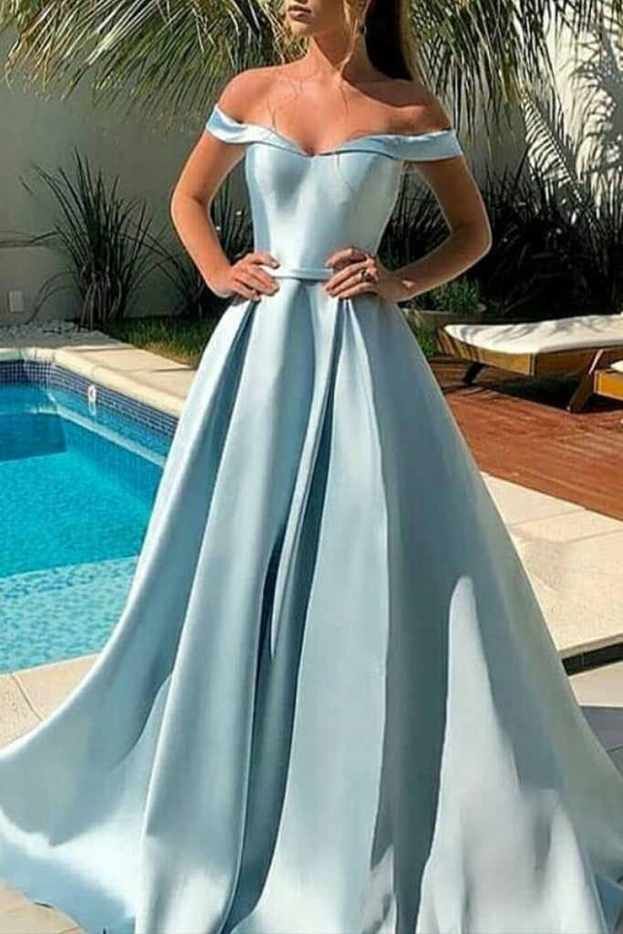 MACloth Off the Shoulder Maxi Prom Dress Sky Blue Formal Evening Gown