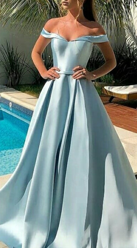 MACloth Off the Shoulder Maxi Prom Dress Sky Blue Formal Evening Gown