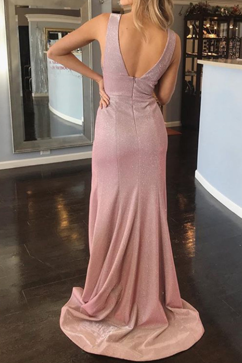 MACloth Straps V Neck Sheath Maxi Prom Dress with Slit Fuchsia Silver Formal Evening Gown Mocha Silver / Above Knee / US6 MACloth Straps V Neck Sheath Maxi Prom Dress with Slit Fuchsia Silver Formal Evening Gown Mocha Silver / Above Knee / US6