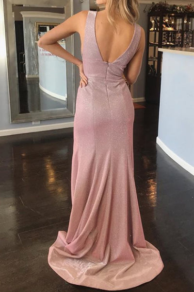 MACloth Straps V Neck Sheath Maxi Prom Dress with Slit Fuchsia Silver Formal Evening Gown