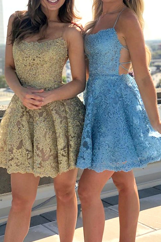 MACloth Spaghetti Straps Lace Mini Prom Homecoming Dress Gold / Blue Cocktail Party Dress
