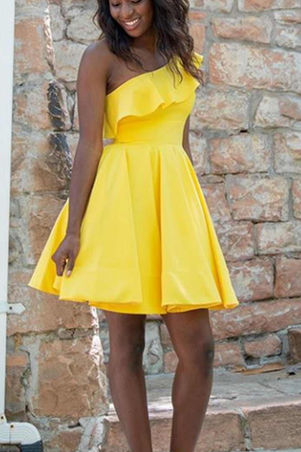 MACloth One Shoulder Mini Prom Homecoming Dress Yellow Cocktail Party Dress