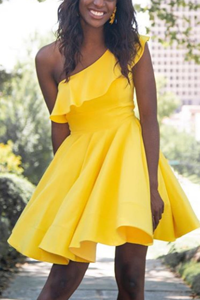 MACloth One Shoulder Mini Prom Homecoming Dress Yellow Cocktail Party Dress