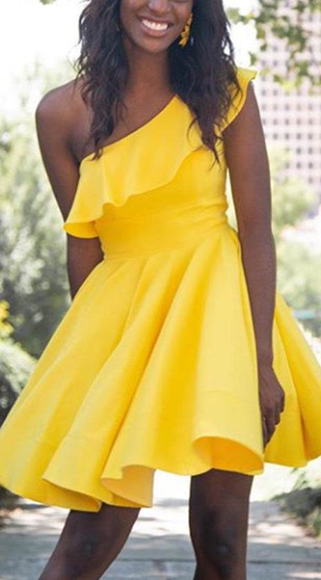 MACloth One Shoulder Mini Prom Homecoming Dress Yellow Cocktail Party Dress