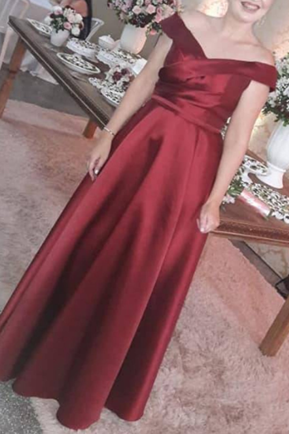 MACloth Off the Shoulder Satin Long Prom Dress Elegant Formal Evening Gown