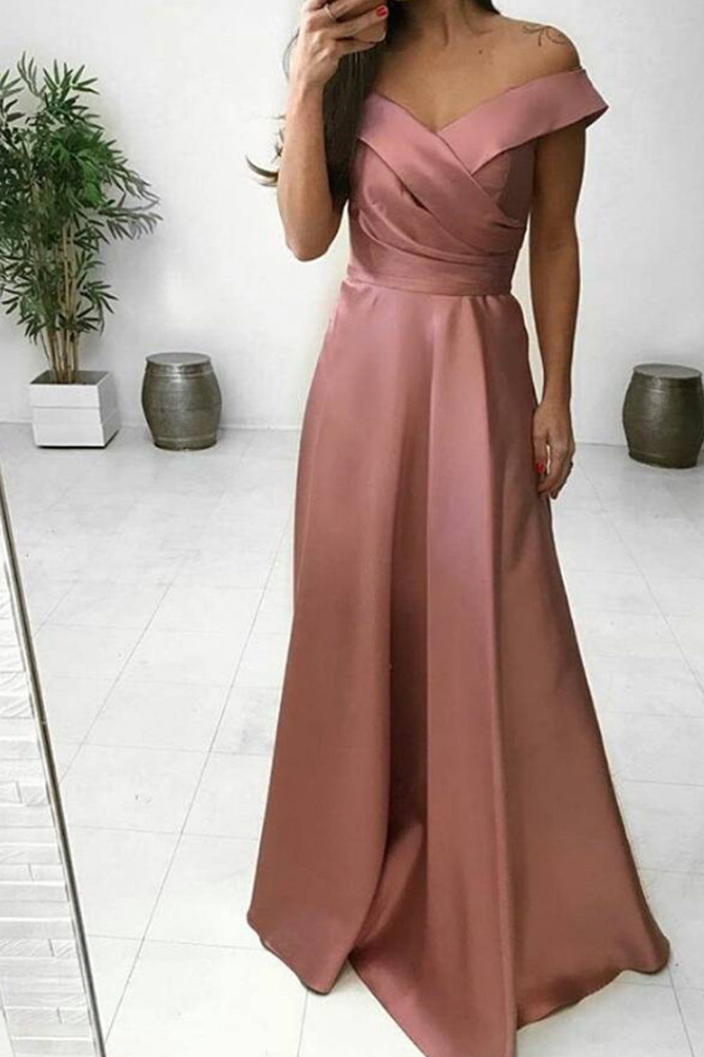 MACloth Off the Shoulder Satin Long Prom Dress Elegant Formal Evening Gown