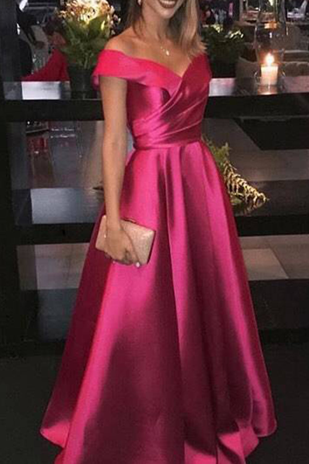 MACloth Off the Shoulder Satin Long Prom Dress Elegant Formal Evening Gown