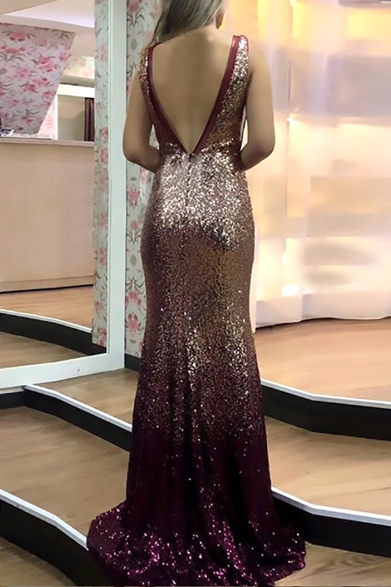 MACloth Träger V-Ausschnitt Etuikleid Pailletten Langes Ballkleid Elegantes formelles Abendkleid