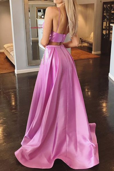 MACloth Spaghetti Straps V neck 2 Piece Prom Dress Hot Pink / Coral Formal Gown