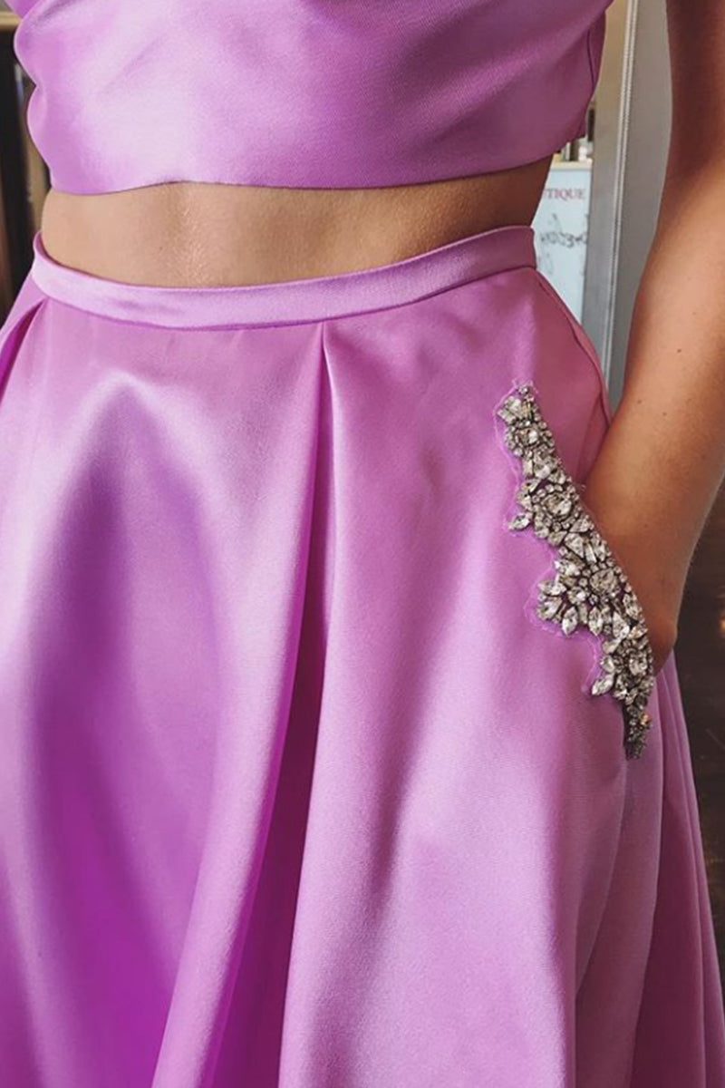 Vestido de fiesta de 2 piezas con escote en V y tirantes finos de MACloth, color rosa intenso y coral