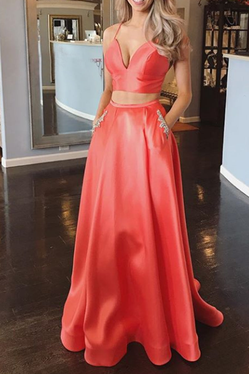 MACloth Spaghetti Straps V neck 2 Piece Prom Dress Hot Pink / Coral Fo MACloth Spaghetti Straps V neck 2 Piece Prom Dress Hot Pink / Coral Fo