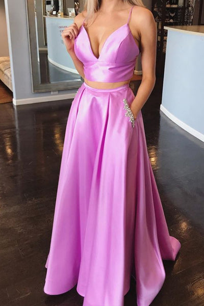 MACloth Spaghetti Straps V neck 2 Piece Prom Dress Hot Pink / Coral Formal Gown