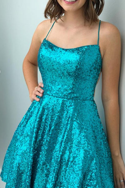 MACloth Spaghetti Straps Sequin Mini Prom Homecoming Dress Turquoise Cocktail Party Dress