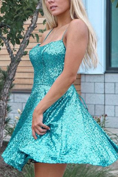 MACloth Spaghetti Straps Sequin Mini Prom Homecoming Dress Turquoise Cocktail Party Dress