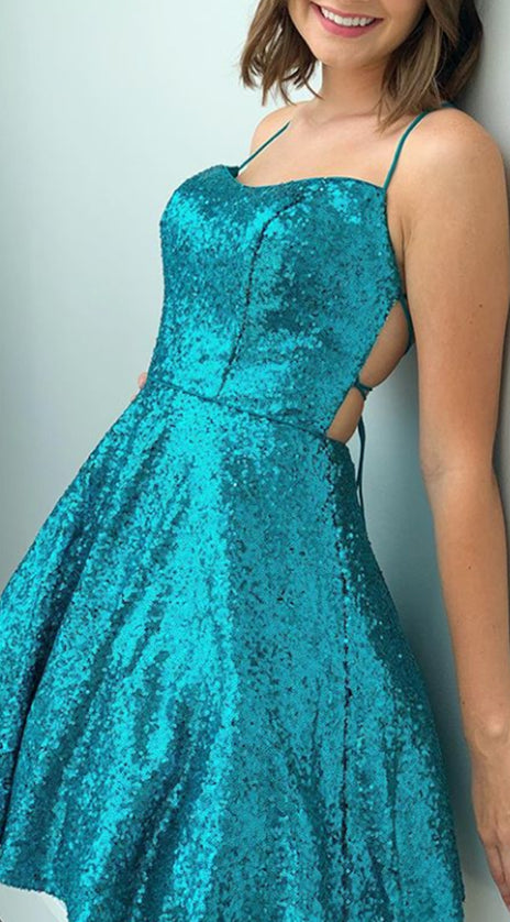 MACloth Spaghetti Straps Sequin Mini Prom Homecoming Dress Turquoise Cocktail Party Dress