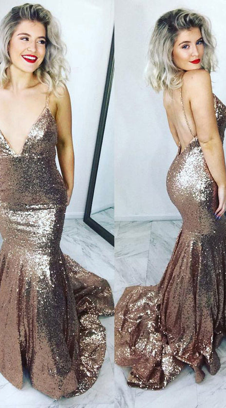 MACloth Mermaid Straps V neck Sequin Prom Dress Rose Gold Formal Evening Gown