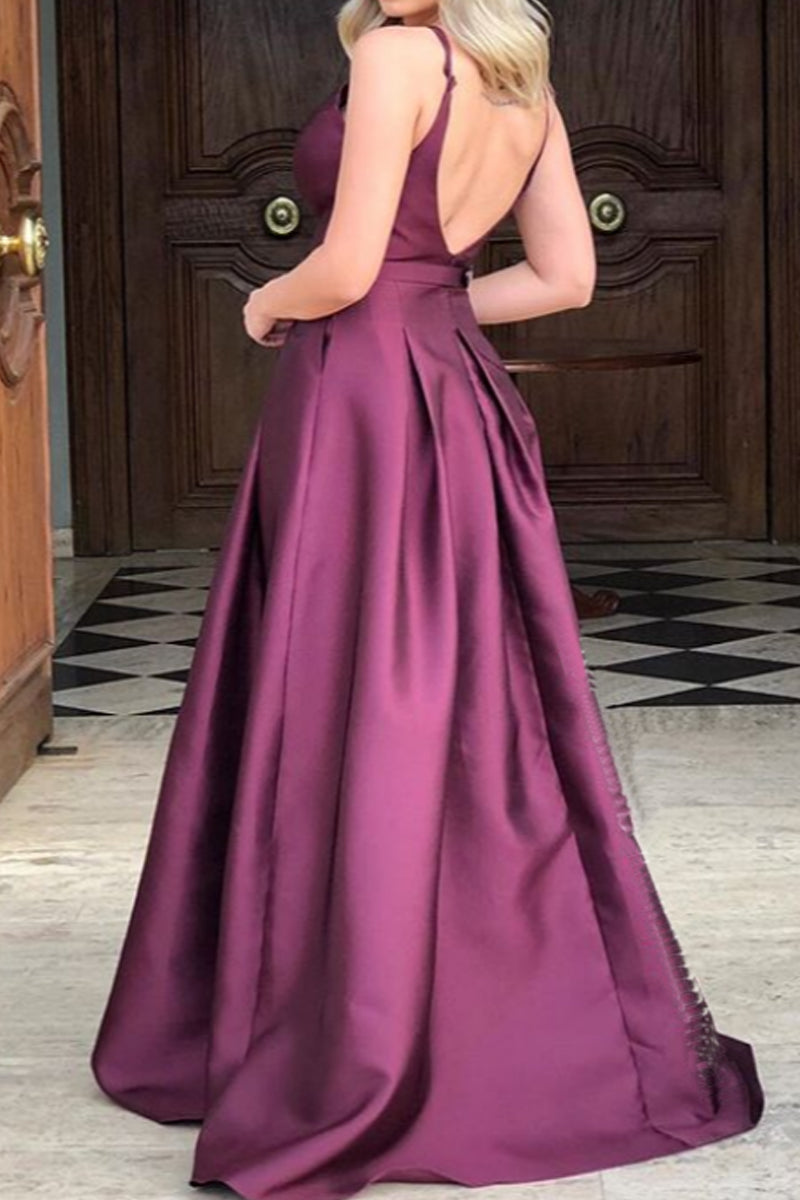 MACloth Träger V-Ausschnitt Satin Langes Ballkleid Weinrot Formales Abendkleid