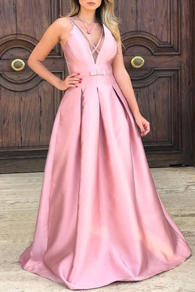 MACloth Träger V-Ausschnitt Satin Langes Ballkleid Weinrot Formales Abendkleid