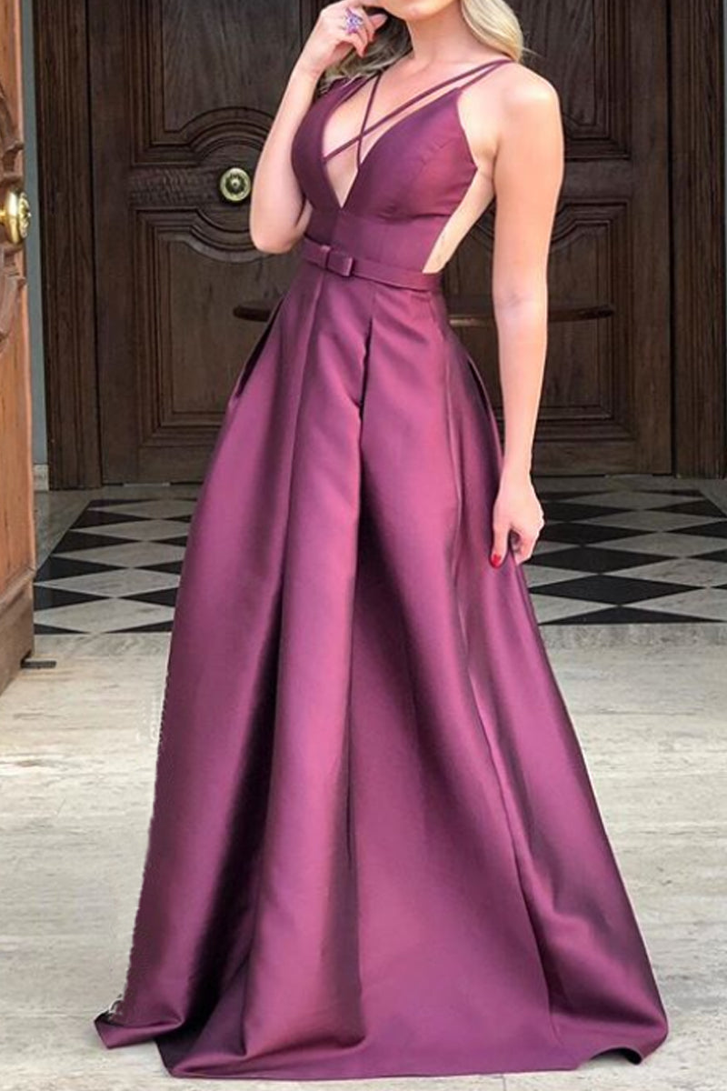 MACloth Straps V Neck Satin Long Prom Dress Wine Red Formal Evening Gown Pink / Tea Length / US4