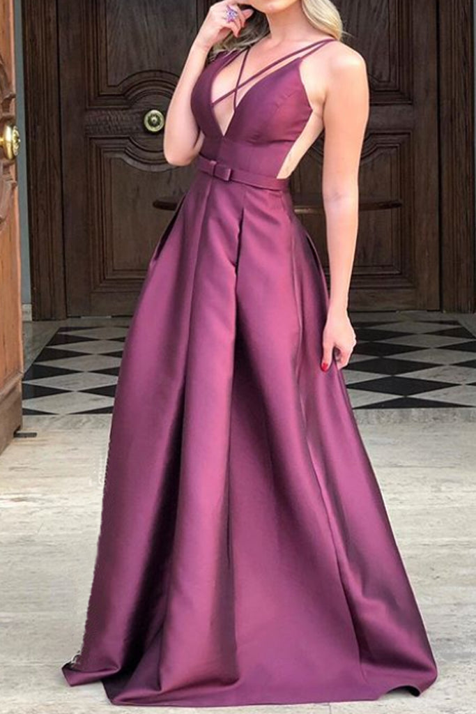MACloth Straps V Neck Satin Long Prom Dress Wine Red Formal Evening Gown