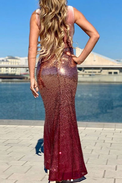 MACloth Sheath Straps V Neck Sequin Burgundy Formal Dress Rose Gold Long Bridesmaid Dress