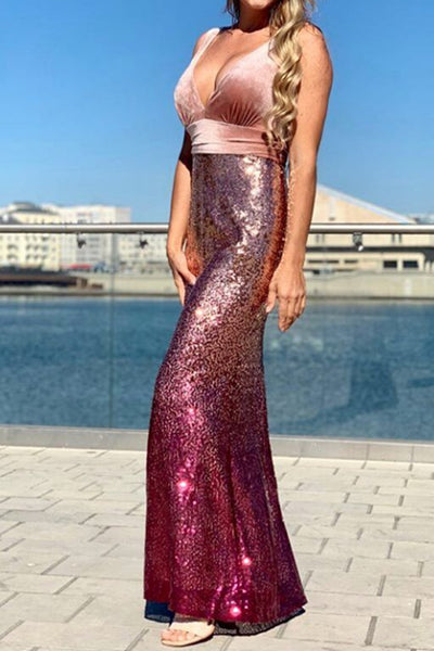 MACloth Sheath Straps V Neck Sequin Burgundy Formal Dress Rose Gold Long Bridesmaid Dress
