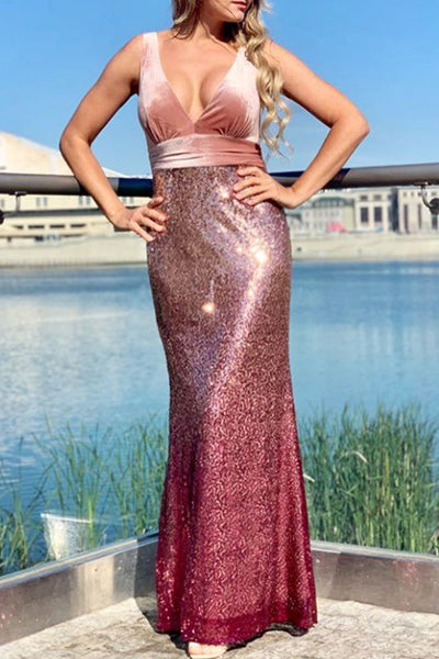 MACloth Sheath Straps V Neck Sequin Burgundy Formal Dress Rose Gold Long Bridesmaid Dress