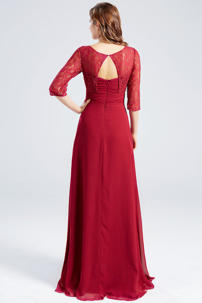 MACloth 3/4 Sleeves Lace Chiffon Long Mother of the Brides Dress Burgundy Formal Evening Gown
