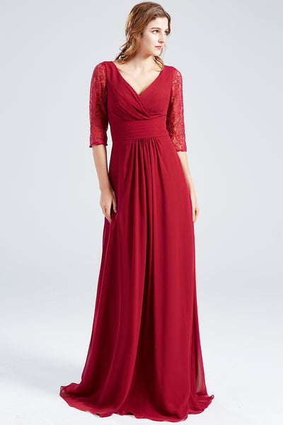 MACloth 3/4 Sleeves Lace Chiffon Long Mother of the Brides Dress Burgundy Formal Evening Gown