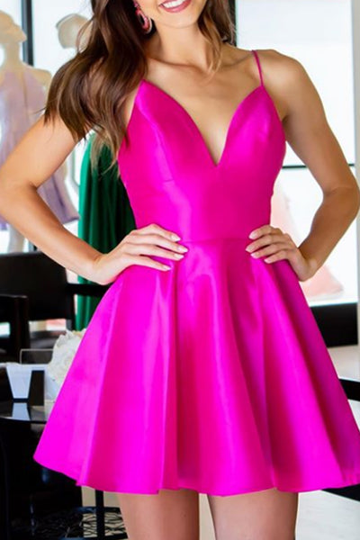 MACloth Spaghetti Straps V Neck Satin Mini Prom Homecoming Dress Hot Pink Cocktail Dress